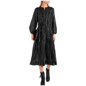 Isabel Marant Etoile Savory Cotton Black and Silver Metallic Stripe Midi Dress